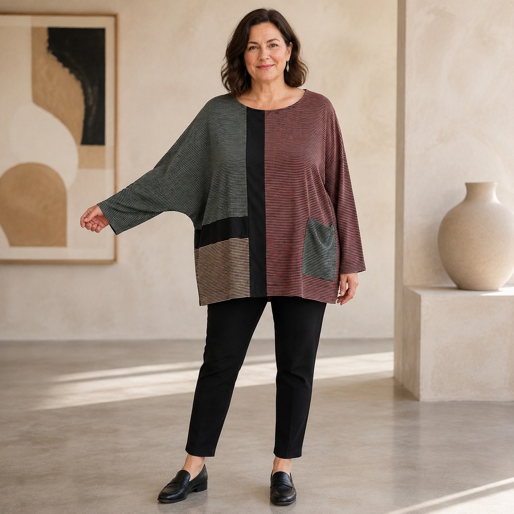 Terra SJ Apparel L Lagenlook Striped Colorblock Tunic Top Dolman Pocket